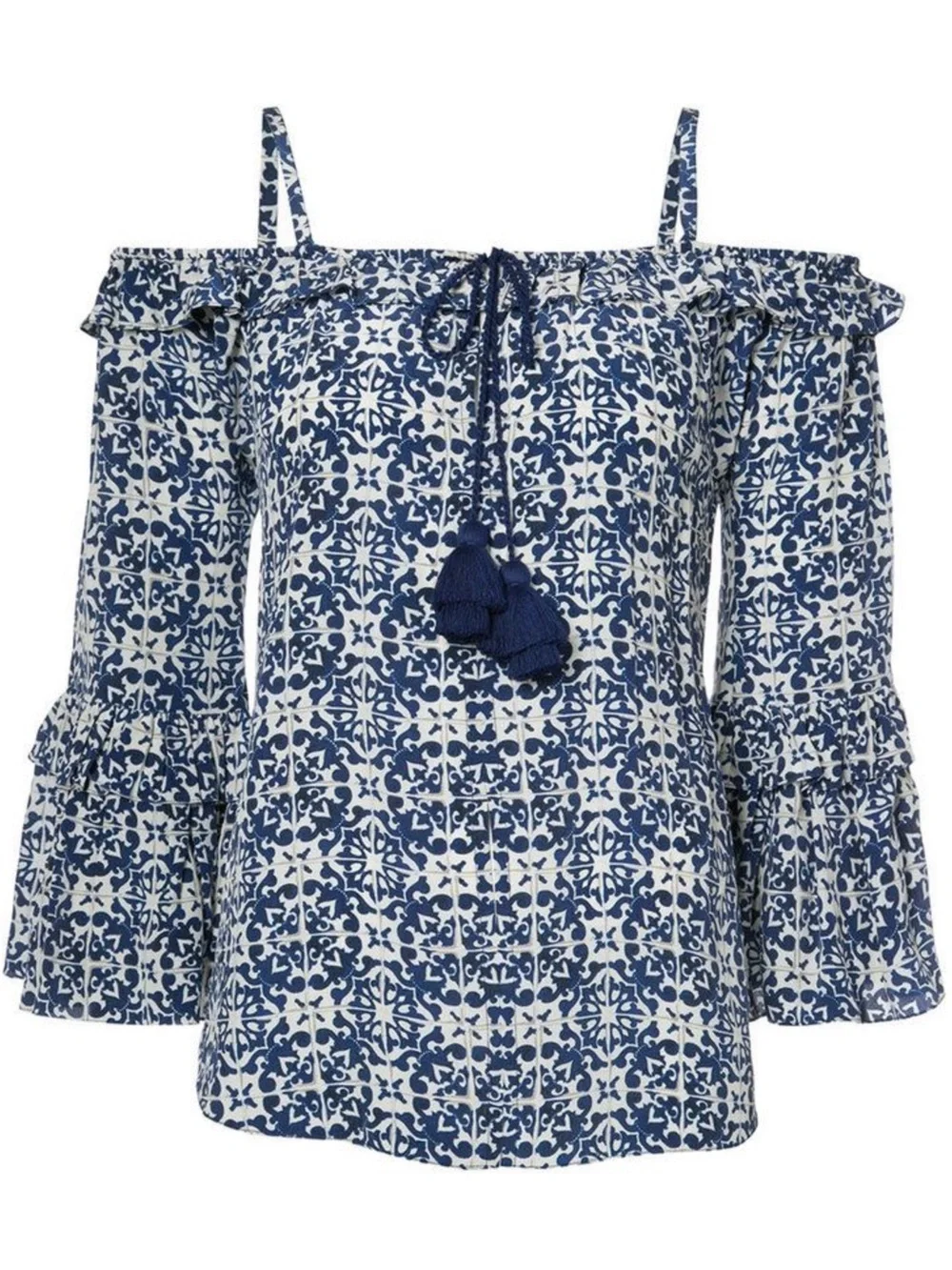 FIGUE Silk Tile Print Off Shoulder Ruffle Bell Sleeve Coquette Tassel Top XS